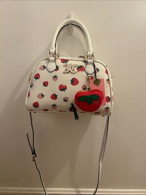 Juicy Couture White Strawberry Print Satchel with Charm